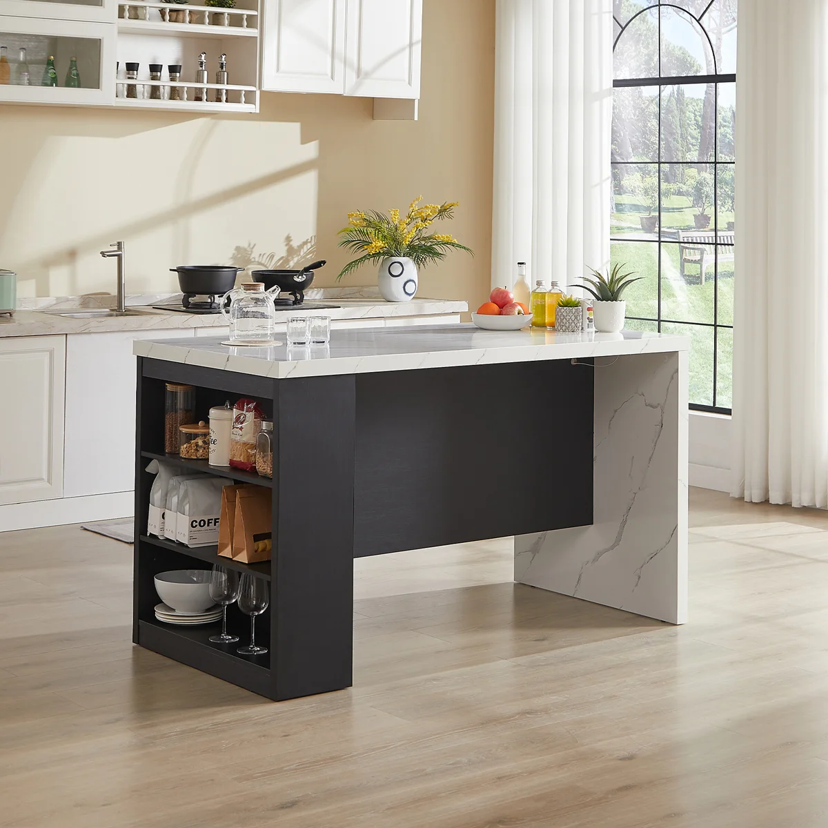 61" W Kitchen Island with Faux Marble Top and Power Outlets