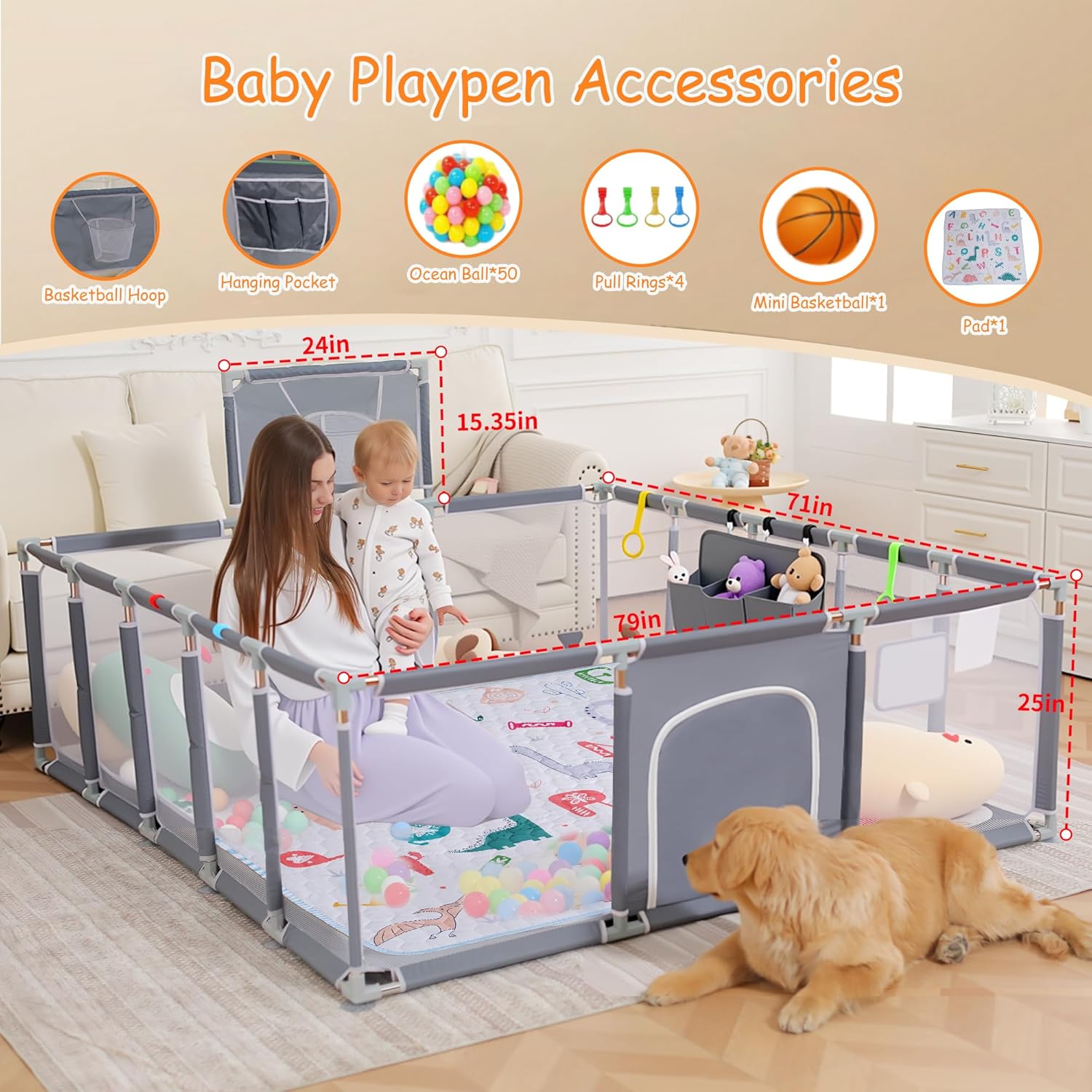 Baby playpen, 79x71Baby Playpen with Mat Indoor?Outdoor Playpen for Babies and Toddlers with Breathable Play Pen with Ocean Balls Hanging Pocket Basketball Hoop (Gray)