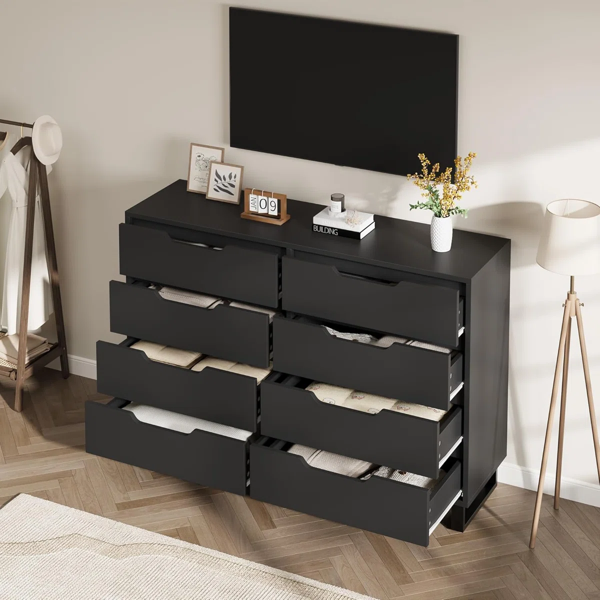 Entryway 7 Dresser for Bedroom, 55" Wide Dresser, Freestanding Horizontal Drawer w/ Storage, Wooden Closet Chest Storage