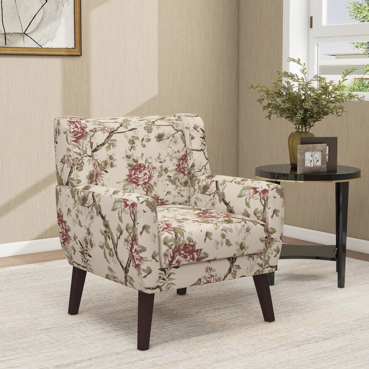 Davey Upholstered Linen Blend Tufted Wide Back Armchair with Solid Wood Legs