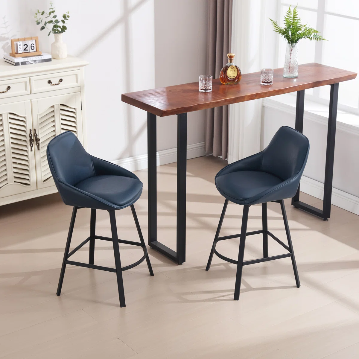 Janayshia Modern Industrial Swivel Upholstered 25.6'' Faux Leather Counter Stool with Metal Frame