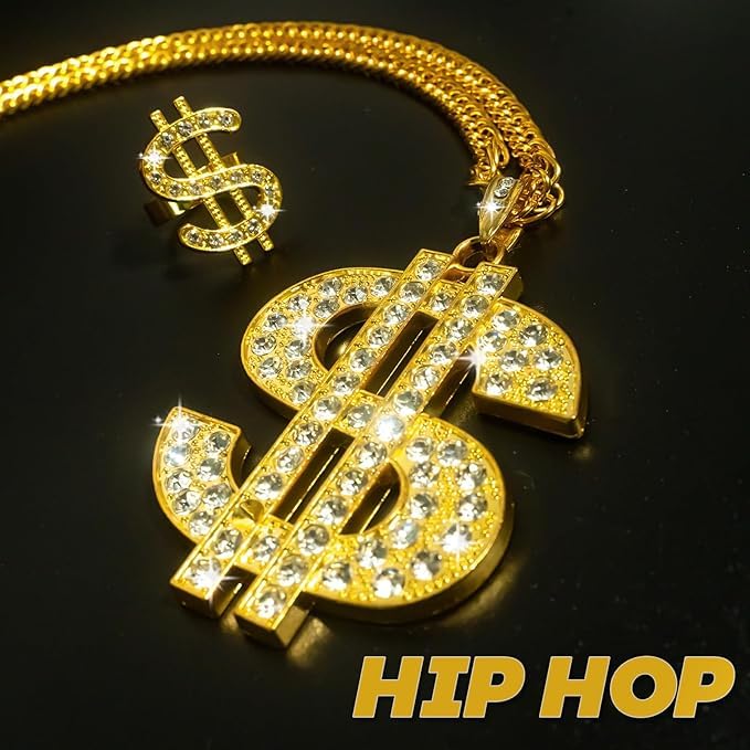 Afro Wig 70s Hip Hop Costume Accessories Set, Fake Gold Chain for Party, Halloween Christmas Cosplay Outfit