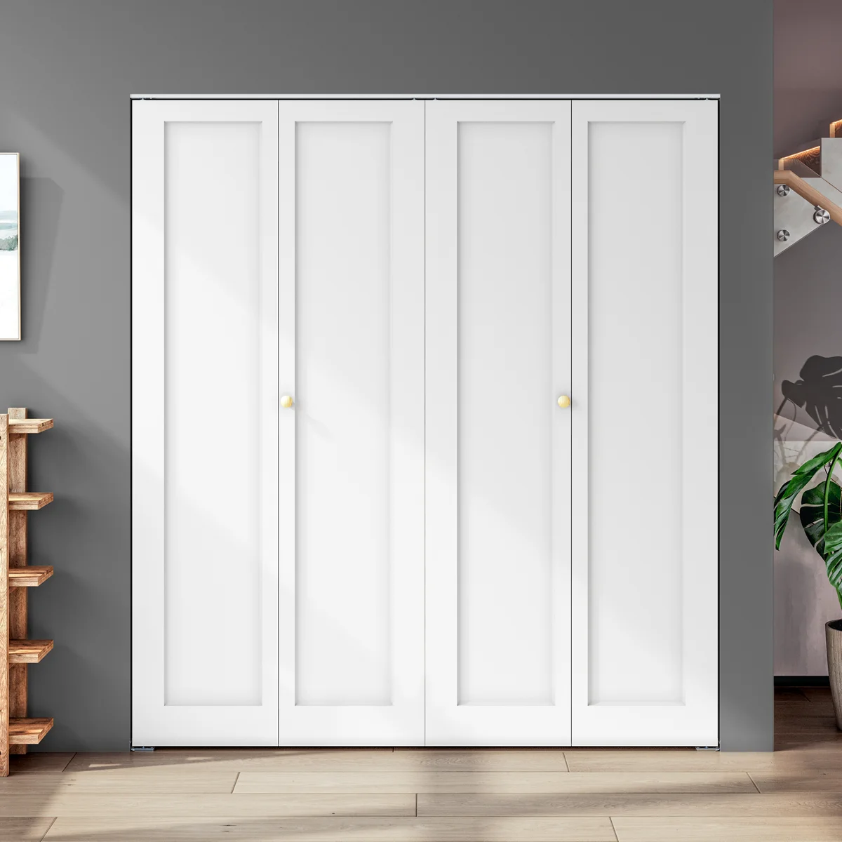 Double Paneled Manufactured Wood Primed Bi-Fold Door with Hardware Kit