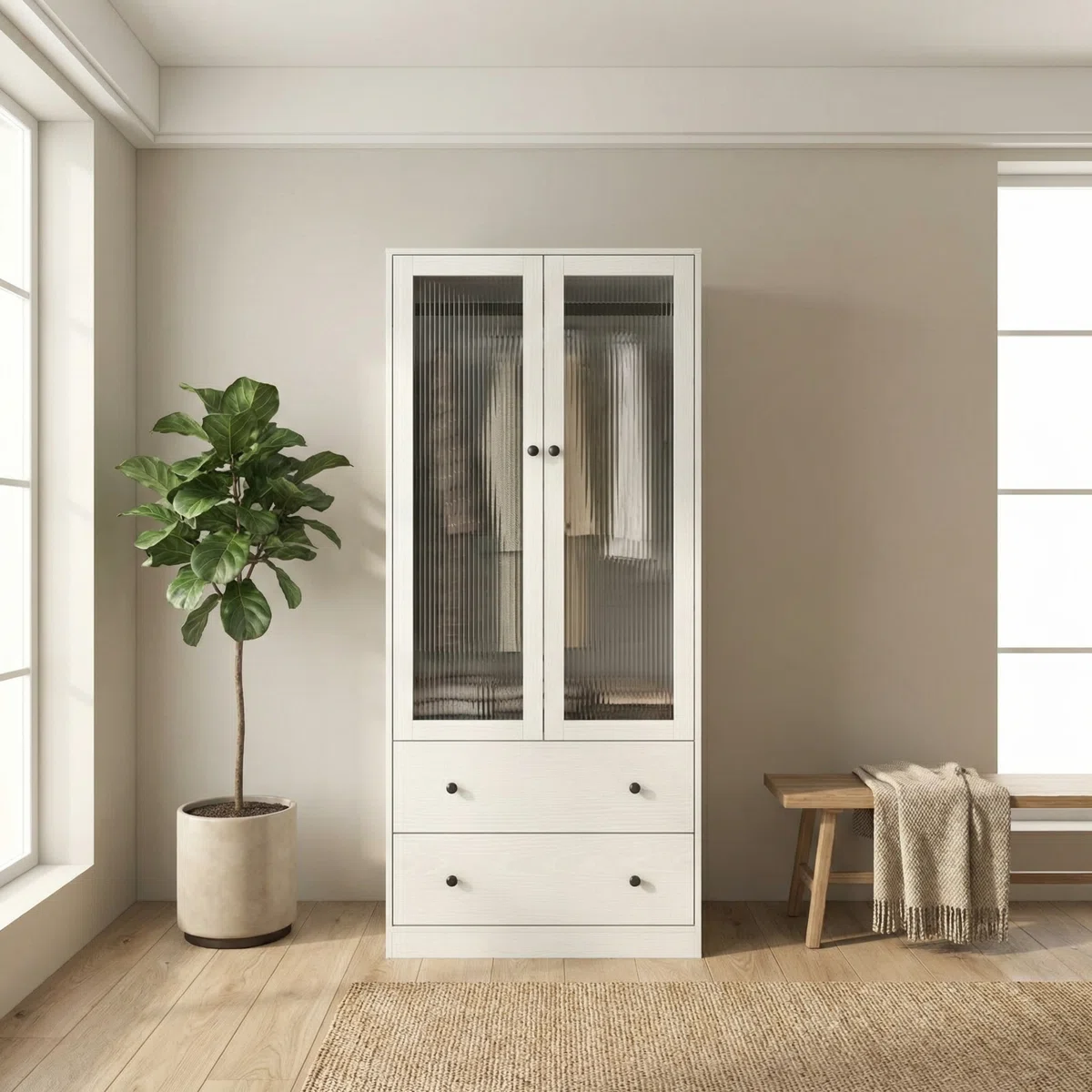 20" D Armoire Wardrobe Closet With Fluted Glass And Drawers, 71" H Clothing Storage Cabinet With Hanging Rod And Soft-Close Doors (Box A)