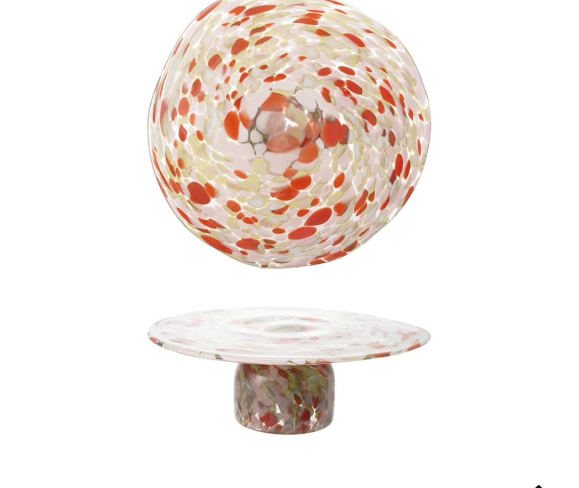 (broken- see photos)10 1-2 Rd Vonfetti Glass Pedestal, Orange color and yellow