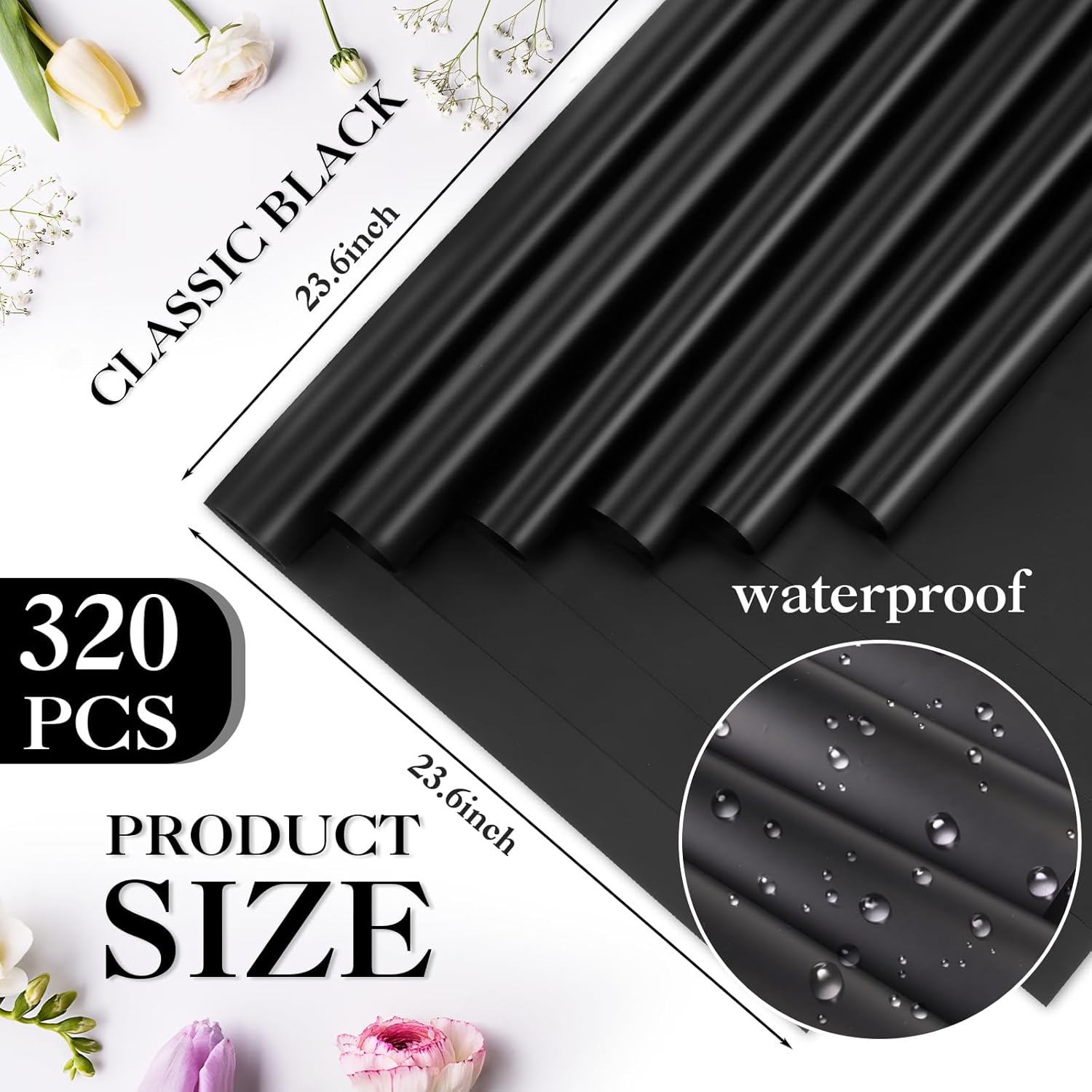 Ctosree 320 Sheets Flower Wrapping Paper Bulk Waterproof Floral Packaging Paper Sheets Florist Bouquet Supplies DIY Craft Gift Packing for Mother's Day Wedding Festival 23.6 x 23.6 in (Black)