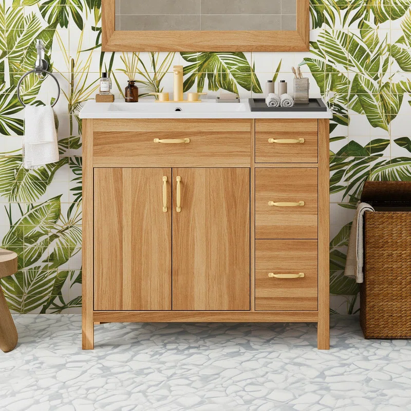 36" Modern Wood Bathroom Vanity with Soft-Close Doors, 3 Drawers, Adjustable Shelf