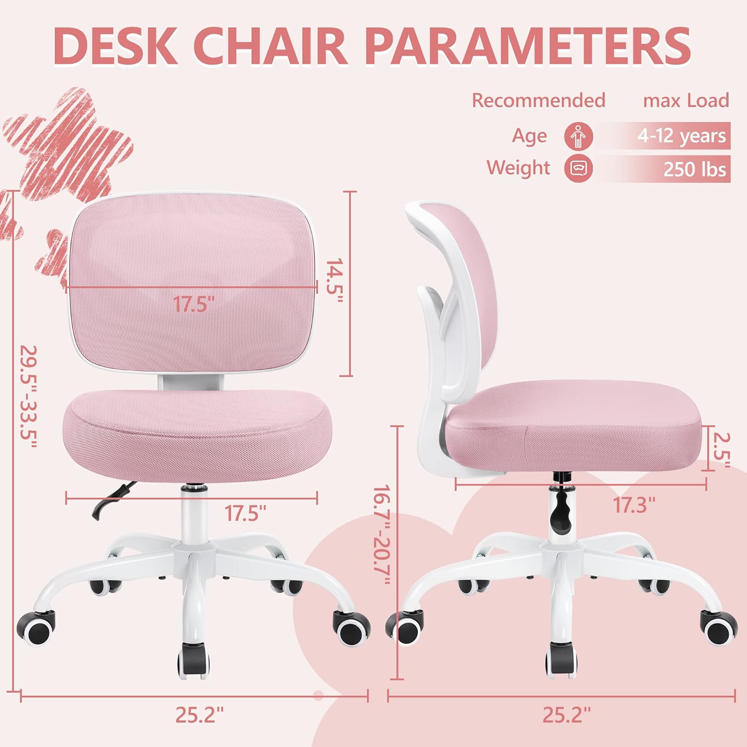 Primy Kids Desk Chair, Pink Study Chair for Boys Girls with Height Adjustable, Swivel Mesh Task Student Chairs for 4-12, Growing Teen Office Chair for Home/School/Office (Pink) Pink PR777