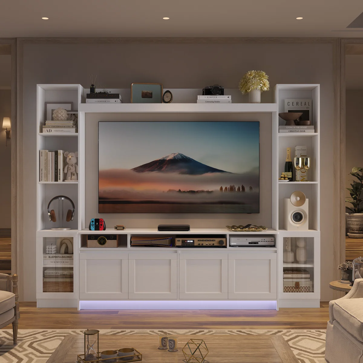 79" W Entertainment Center For TVs Up To 60", Wall Unit TV Stand With Bookshelves and LED Light