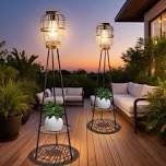 Huotian Solar Lights With Plant Stand, Outdoor Floor Lamps, Waterproof Solar Powered Floor Lamps For Patio Deck Porch Yard Garden Decor(set Of 2)