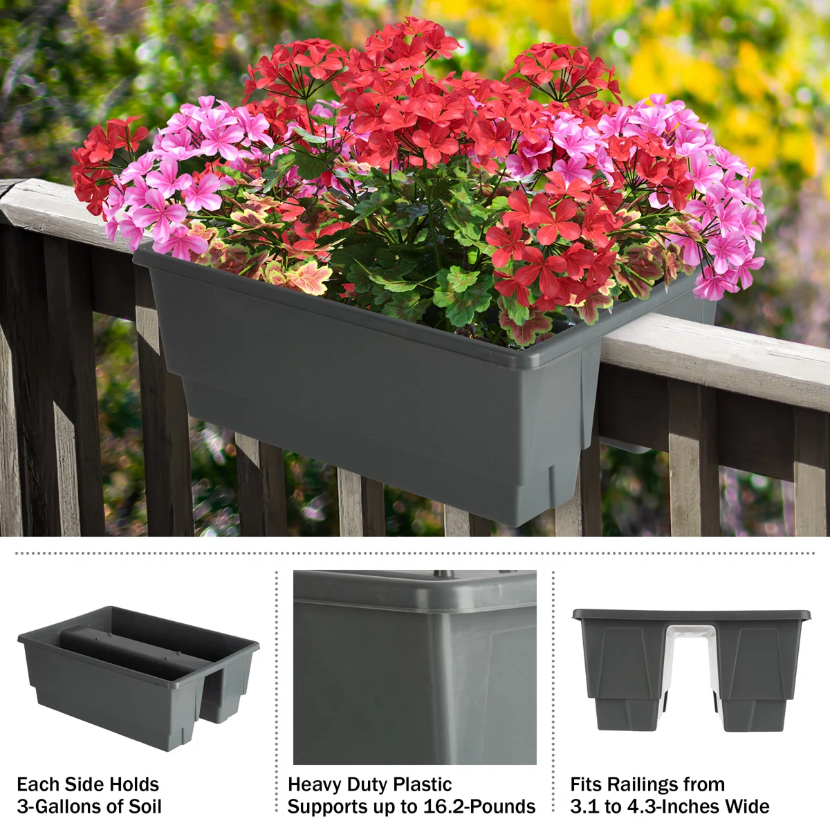 Lliwen Railing Planter - 20.75-Inch Flower Box with Drainage Insert - 6-Gallon Outdoor Planter Box - Deck, Porch, or Balcony Planter by Pure Garden