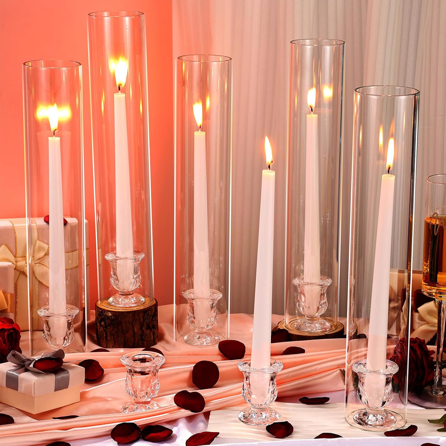 12 Set Hurricane Candle Holder Cylinder Sleeves Taper Candlestick Holder 10 Inch White Candles Table Centerpiece for Wedding Party Festival Decoration