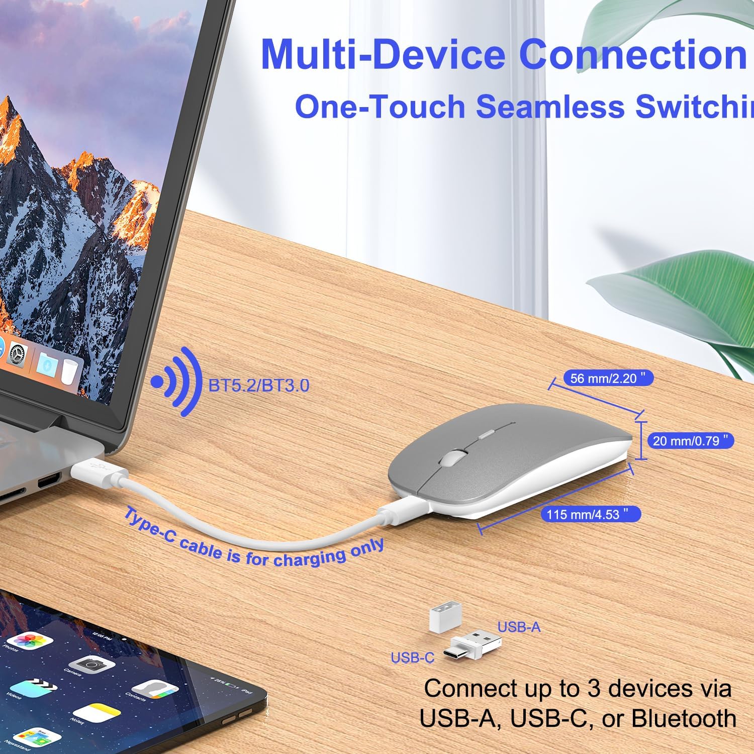 Bluetooth Wireless Mouse for MacBook Air Mac Pro iPad Laptop Computer Pad Optical Rechargeable Slim Silent Dual Mode (2.4G USB-C/USB-A&Bluetooth 5.2/3.0) Mouse Jiggler for Computer Awakening(Grey)