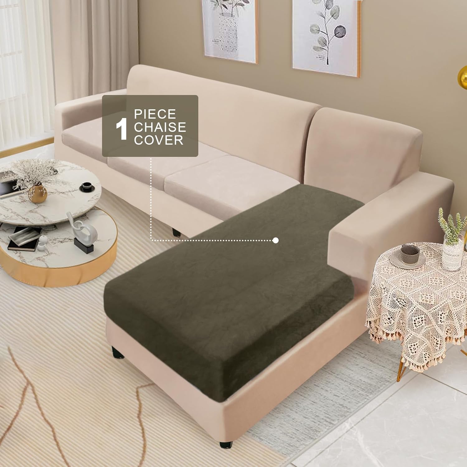 NAISI Sectional Couch Cover 1 Piece Velvet Separate Chaise Lounge Cover Soft Stretch Sofa Slipcovers for Left/Right Chaise Sectional Couch(Chaise Lounge,Olive Green) Olive Green Chaise Lounge
