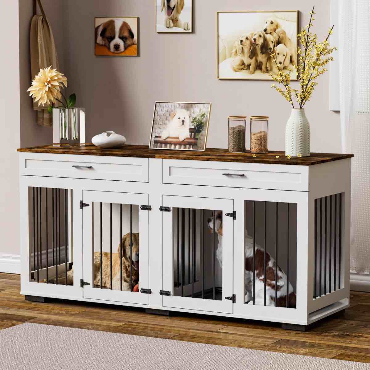 (Box A only)Large Dog Crate Furniture, Heavy Duty Wooden Dog Kennel With Room Divider And 2 Trays, Double Doors With Locks For 2 Large Dogs