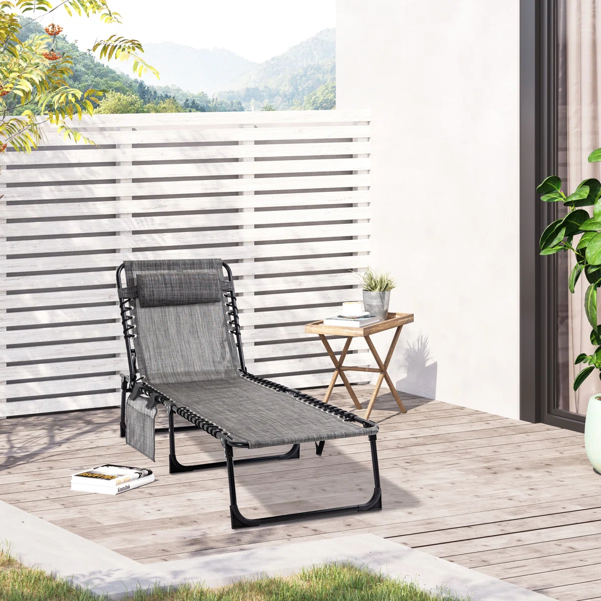 Aidean Portable Reclining Chaise Lounge Chair - 5-Position Adjustable Backrest, Removable Pillow & Side Pocket, Folding Sun Lounger for Patio, Pool, Camping (Supports 264 lbs)
