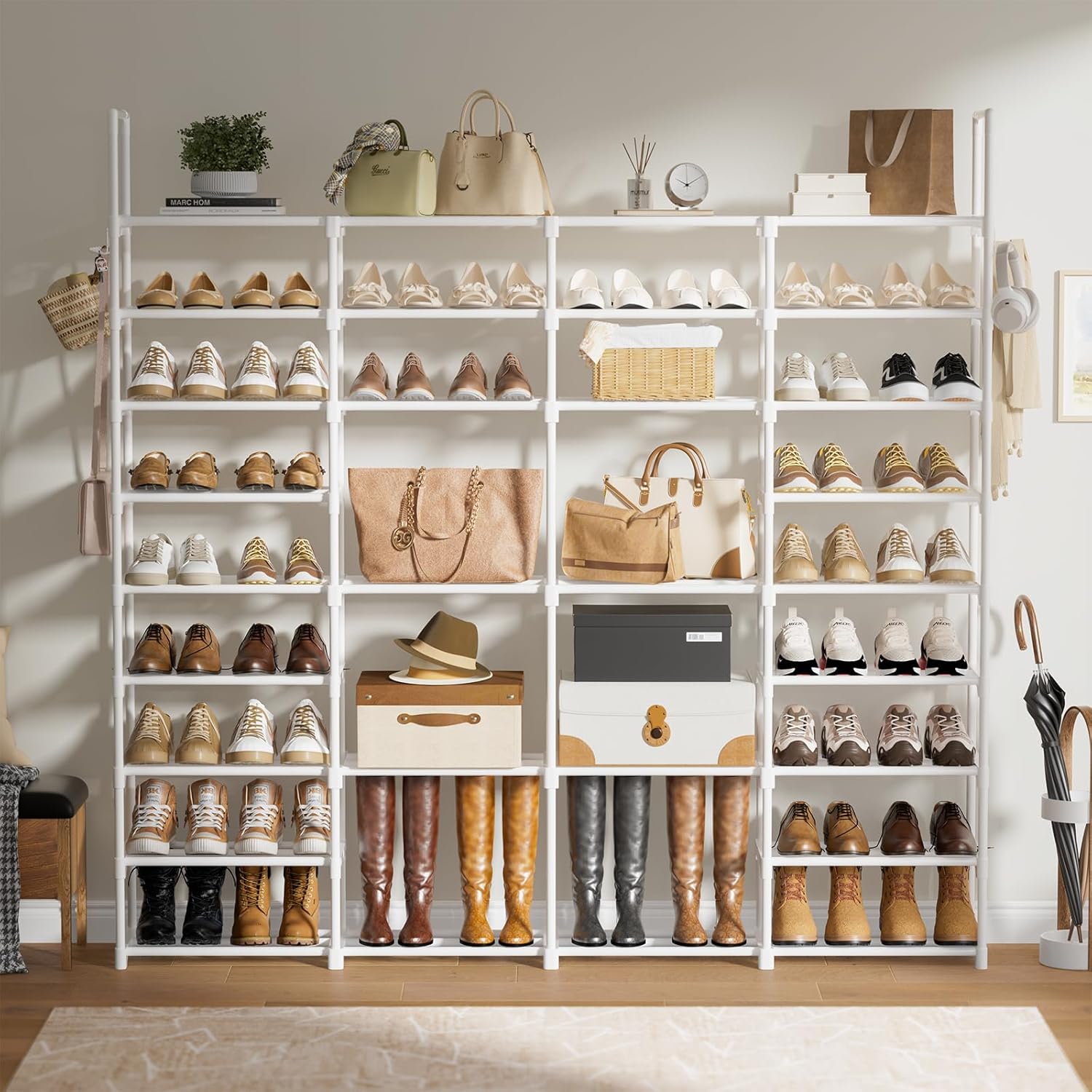 WOWLIVE 4 Row 9 Tiers Extra Large Shoe Rack Big Tall Metal Shoe Shelf, Heavy Duty Organizer for Closet Entryway, Boot Rack Storage Stackable Stand for Garage White 4 Row 9 Tier White