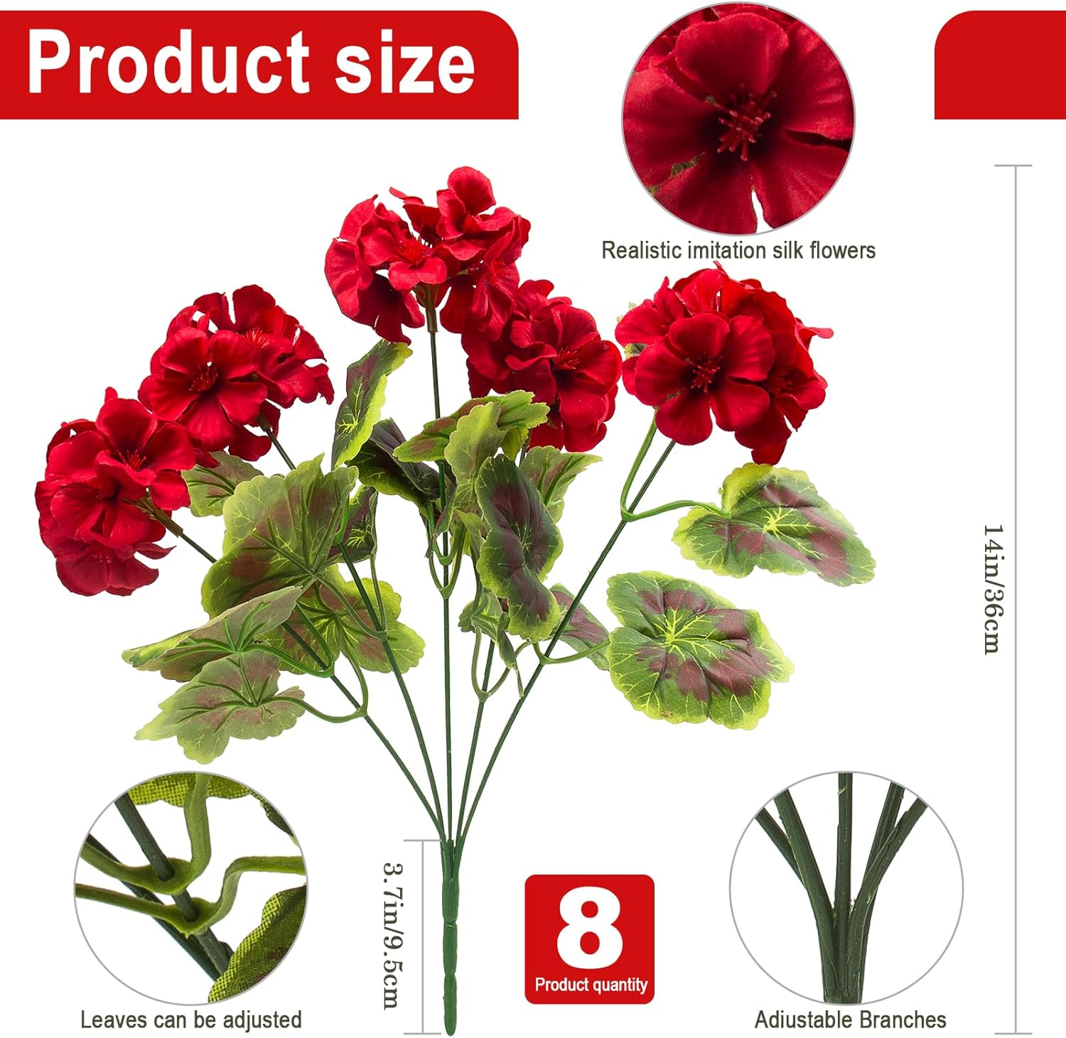 lovemoon 8 Pcs Artificial Geranium Plant Realistic Silk Flowers for Outside UV Resistant Faux Geraniums Flowers for Indoor Outdoor Home Garden Office Decoration (8, Red) Red 8