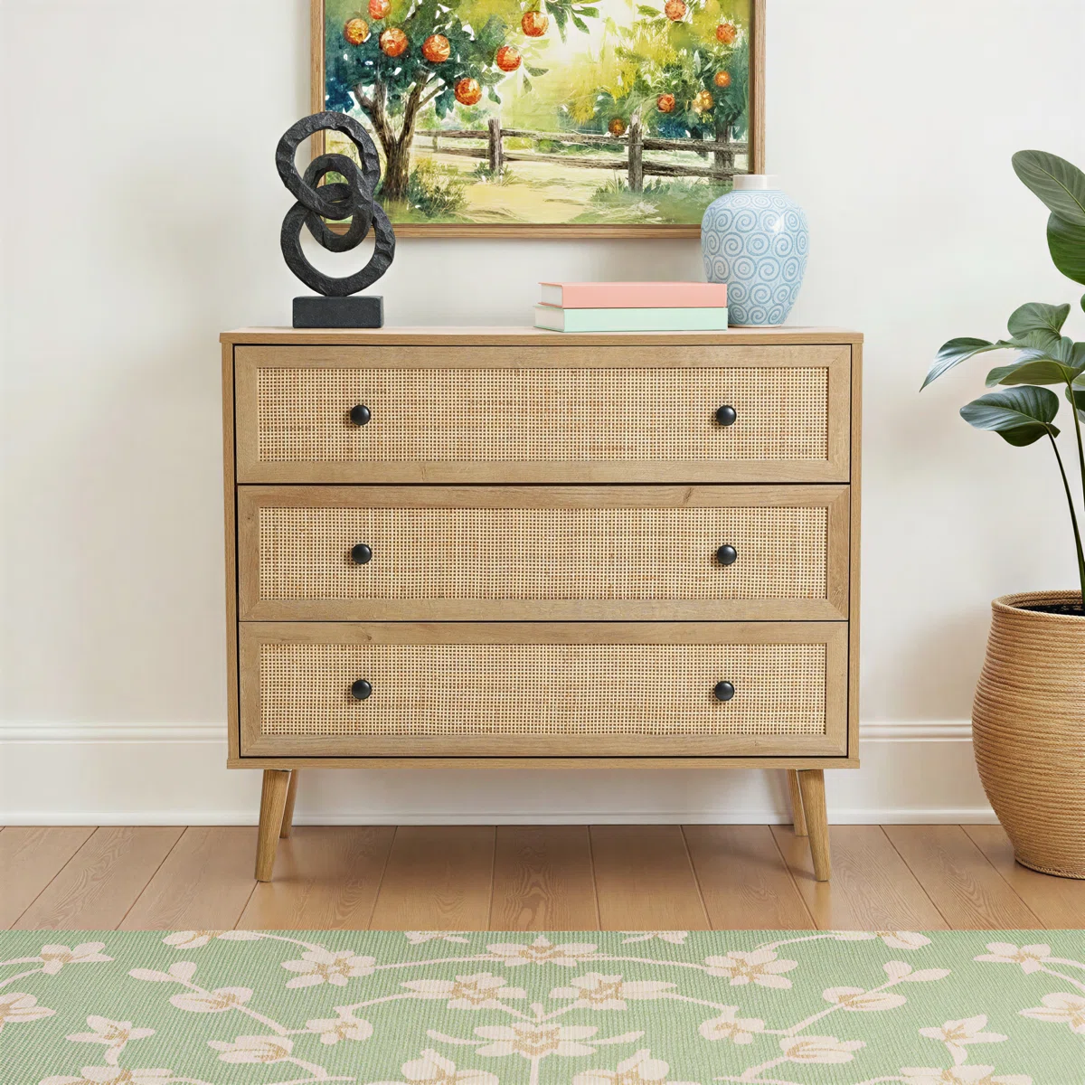Zandra 35.4'' W Rattan 3-Drawer Dresser, Mid-Century Modern Wood Storage Chest
