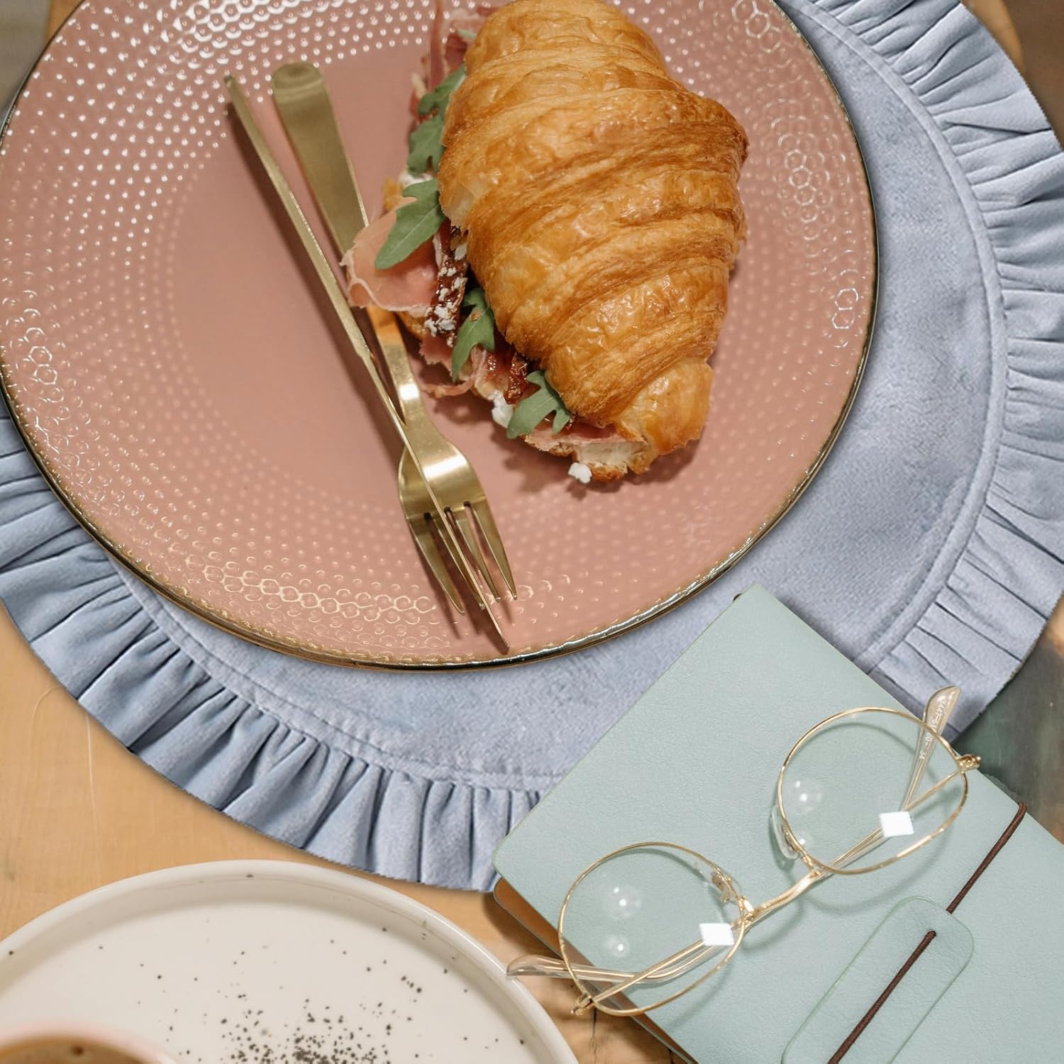 15 Inch Velvet Round Placemat with Ruffle for Dining Table Outdoor Placemats Non-Slip Washable for Gathering, Occasional Decoration and Family Parties Celebrations Set of 4, Blue Grey 15-Inch - 4Pcs Blue Grey