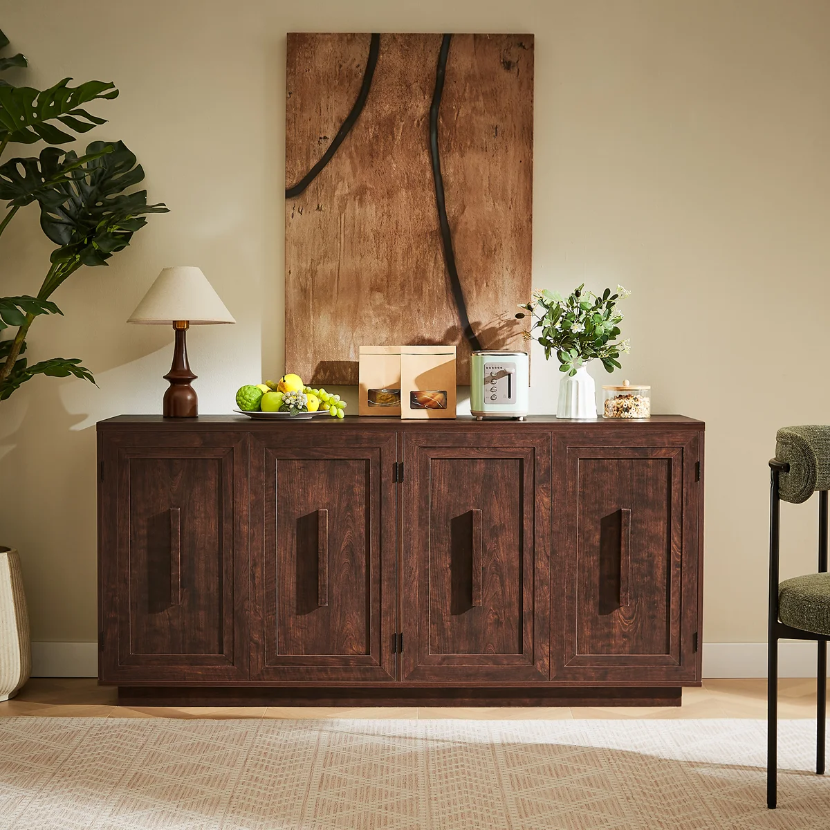 63" Sideboard Buffet With 4 Square Doors, Retro Storage Cabinets With Adjustable Shelves