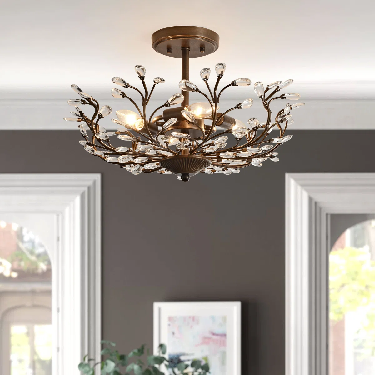 Flavia 4-light Crystal Beaded 9-Branch Semi-Flush Mount-Bronze