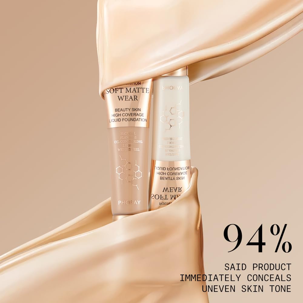 PHOFAY Liquid Foundation 30ml / 1.01 fl oz – Lightweight, Oil-Control & Breathable Formula, Radiant Sheer Finish, 10 Shades for All Skin Tones, Natural Everyday Wear (03#)