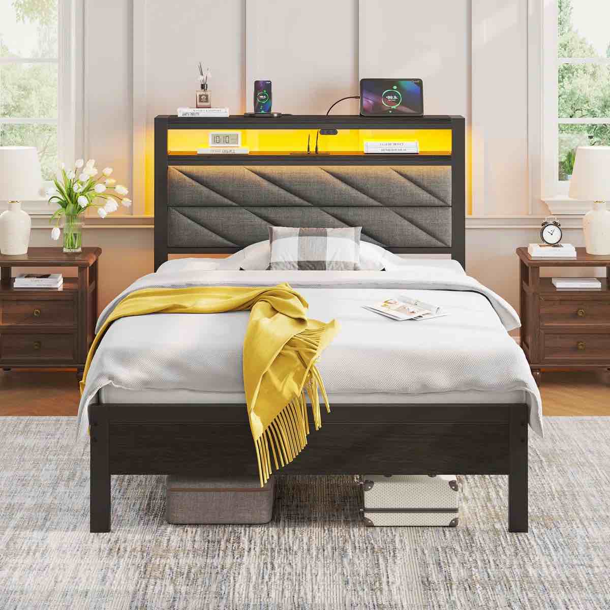 (not complete only one box )Bed Frame with Storage Headboard, Metal Platform Bed Frame with RGB Lights \ Outlets