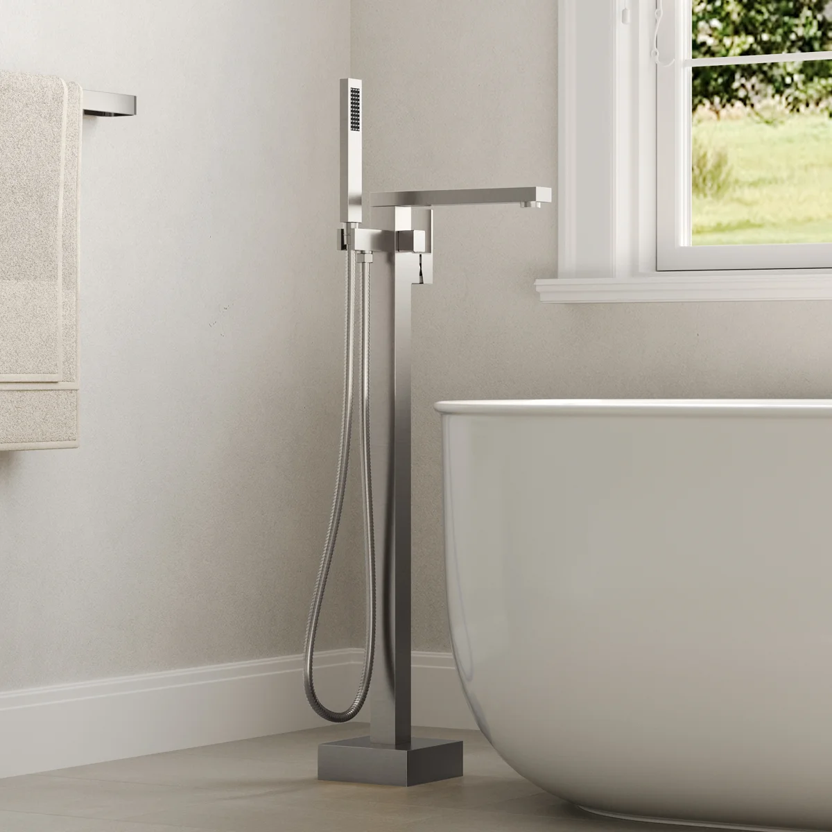 Freestanding Bathtub Faucet with 360° Swivel Spout, Single Handle Tub Filler With Hand Shower, Modern Floor-Mount Tub Faucet Set with Valve