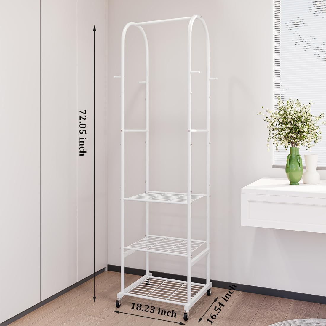 SUOERNUO Clothes Rack With Wheels and 3-Tier Metal Shelves,Clothing Rack For Hanging Clothes With 4 Hooks,Garment Rack Wardrobe Organizer for Small Space,Black (white, 16.54 * 18.23 * 72.05) white 16.54*18.23*72.05
