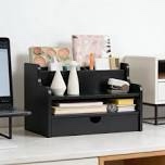 Wooden Mail Sorter And Desk Organizer With Drawer And Shelf, 4-Slot Desktop File Holder For Mail, Bills, Pens, And Office Supplies, No Assembly Required