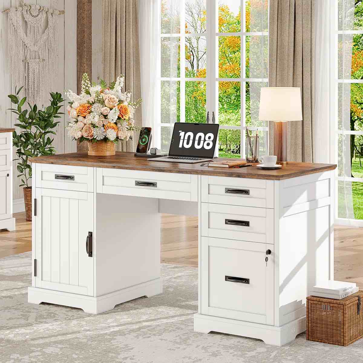 (INCOMPLETE) Executive Desk with Drawers, Farmhouse Home Office Desk with Charging Station, Keyboard Tray, File Cabinet Storage, Wood Computer Desk for Work and Study
