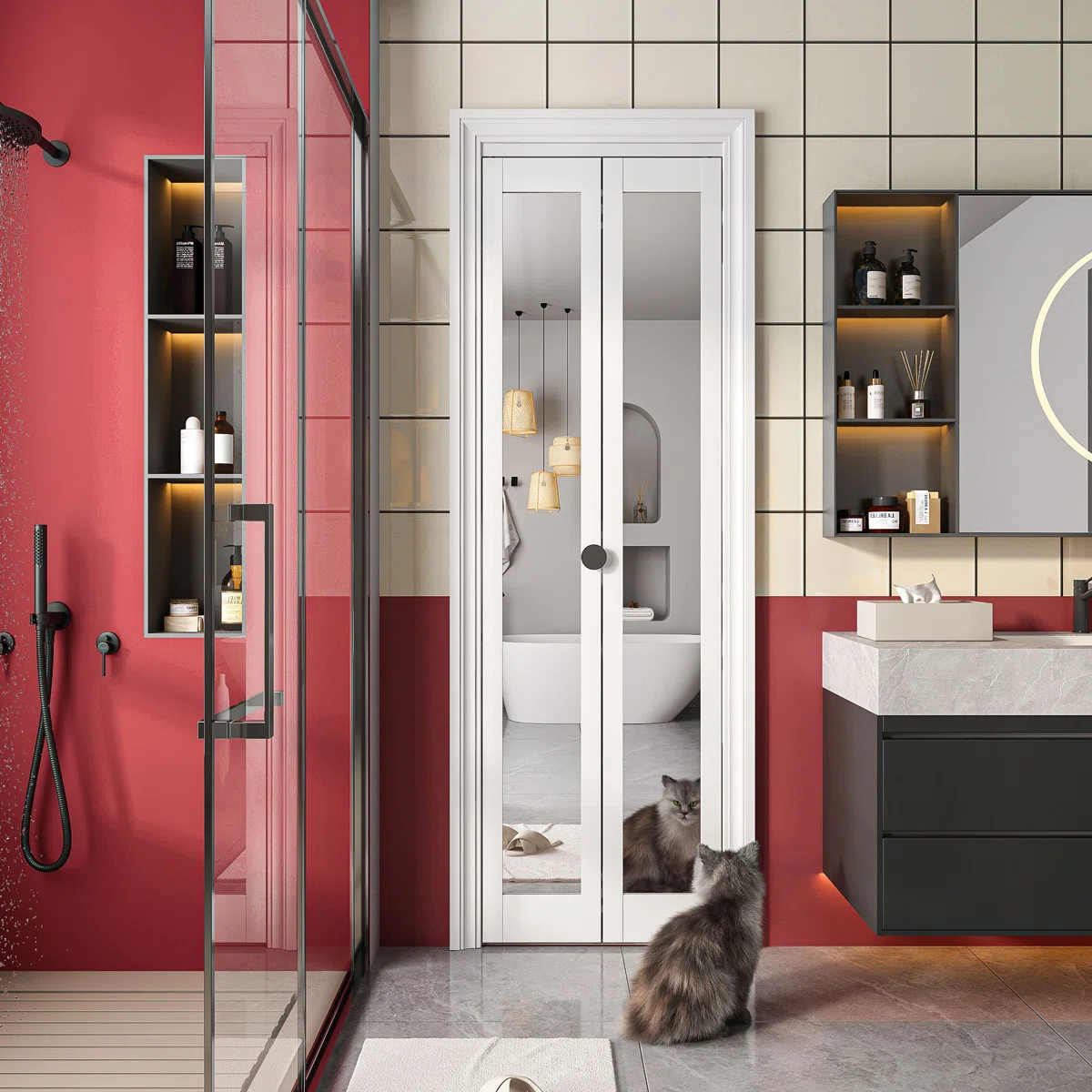 Bifold Mirror Closet Door, Bi fold Sliding Barn Door with Hardware Include, Shatterproof Mirror Door Panels, Barn Door Hardware kit,Bi Fold Door with Track Kit & Handle