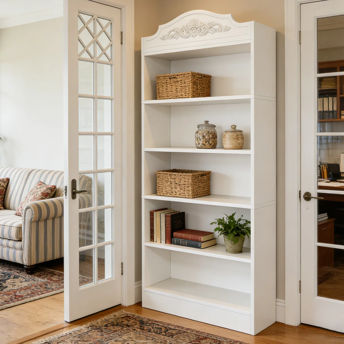 73" Tall 5-Tier White Etagere Bookcase, Modern Freestanding Open Shelf Storage Unit With Carved Detail For Living Room, Home Office & Bedroom