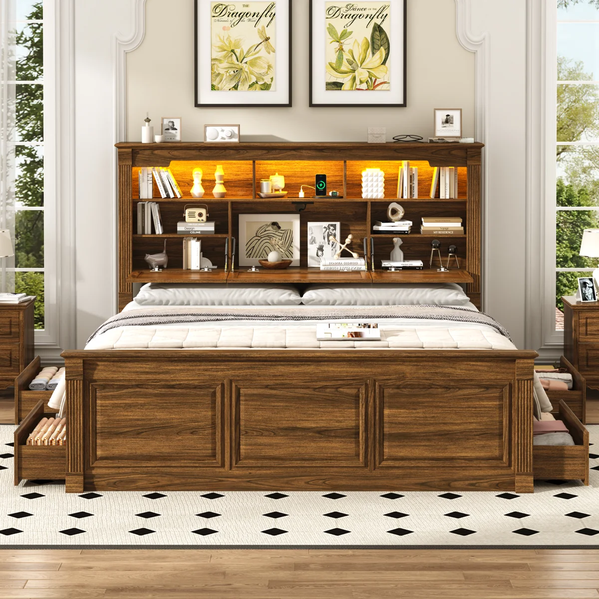 Farmhouse Bed Frame With Bookcase Storage Headboard, Charging Station And LED Lights