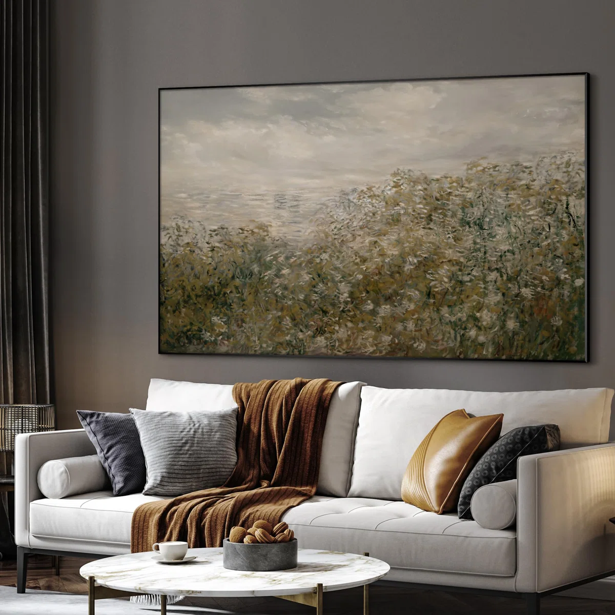 (Frame only)Extra Large Wall Art Fabric Print - Impressionist Landscape with Bushes by The Water Artwork Decor for Living Room or Bedroom - "Frame Assembly Required (Unfinished Frame)"