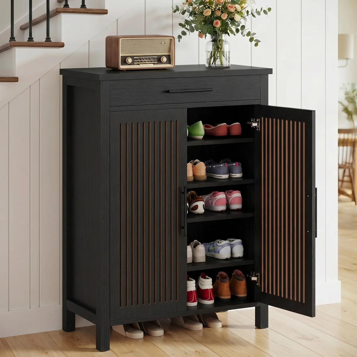 Ishpreet 5-Tier Shoe Storage Cabinet With Doors And Drawer, Wooden Shoe Rack Organizer