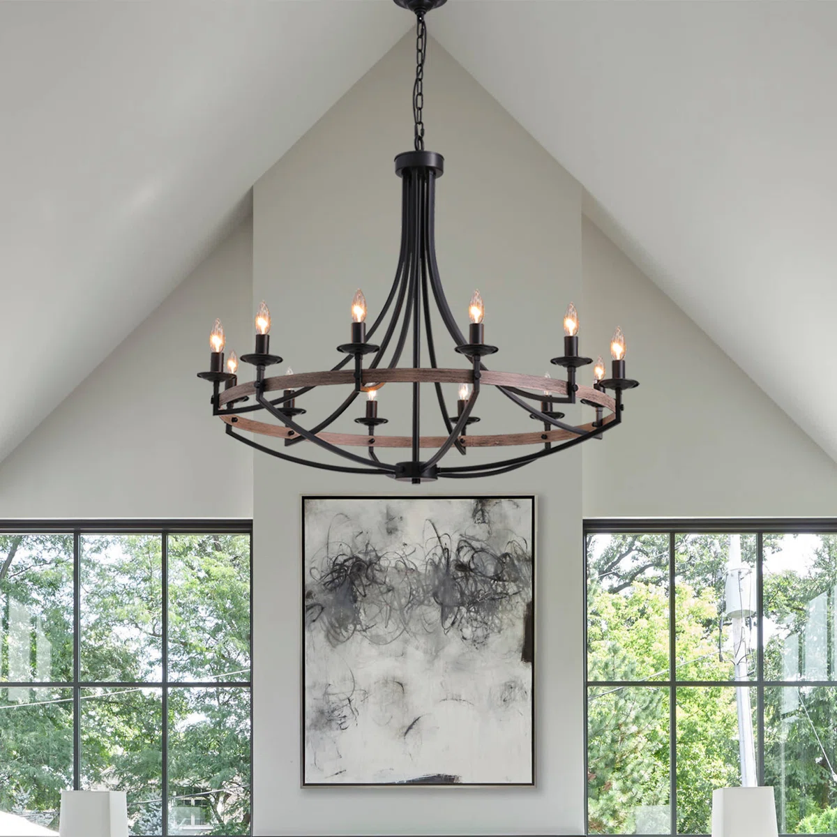 Cailley 12-Light Dimmable Wagon Wheel Chandelier with Adjustable Height
