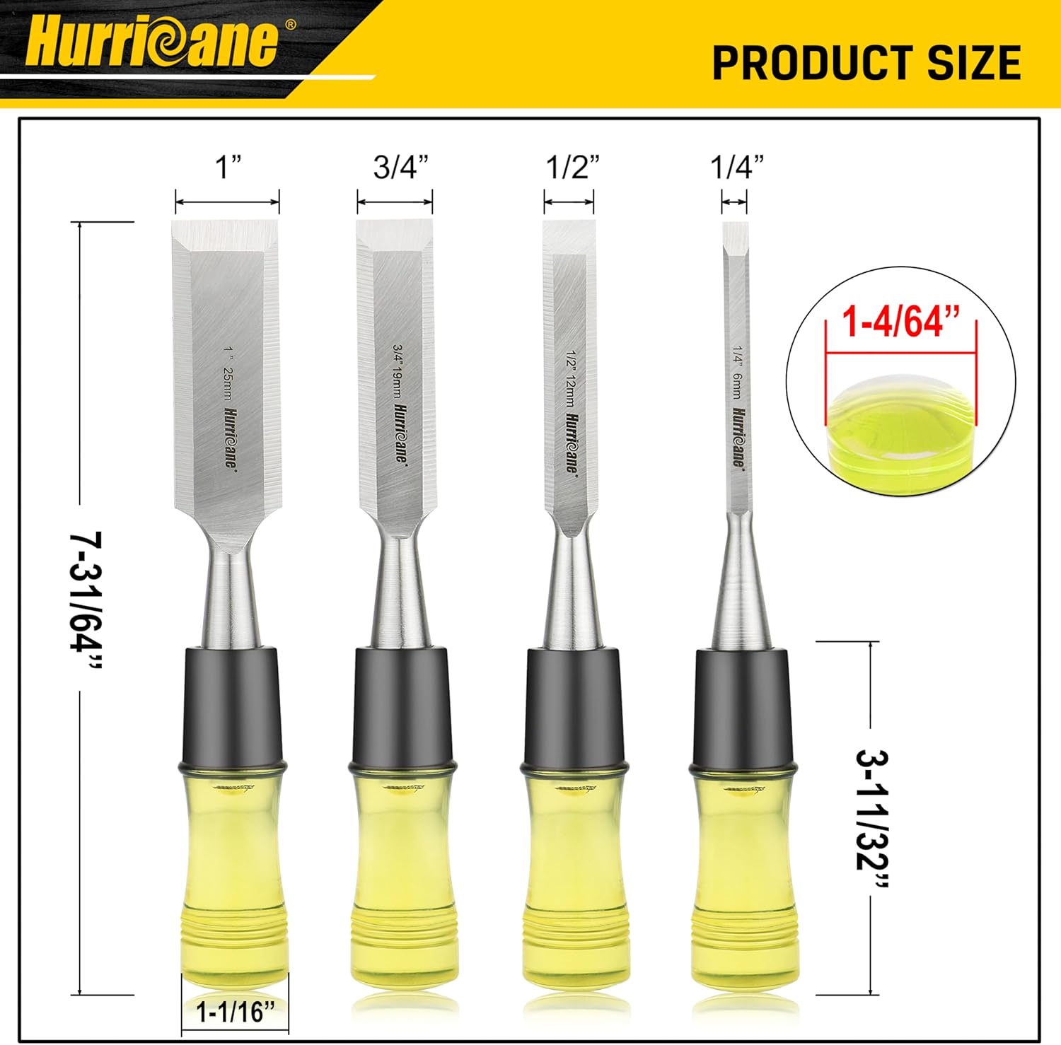 HURRICANE 4 Piece Wood Chisel Set for Woodworking. CR-V Steel Beveled Edge Blades with Safety Caps. Durable PVC High Impact Handle, for Precision Carving & DIY Projects (1/4, 1/2, 3/4, 1) Regular Size Grip