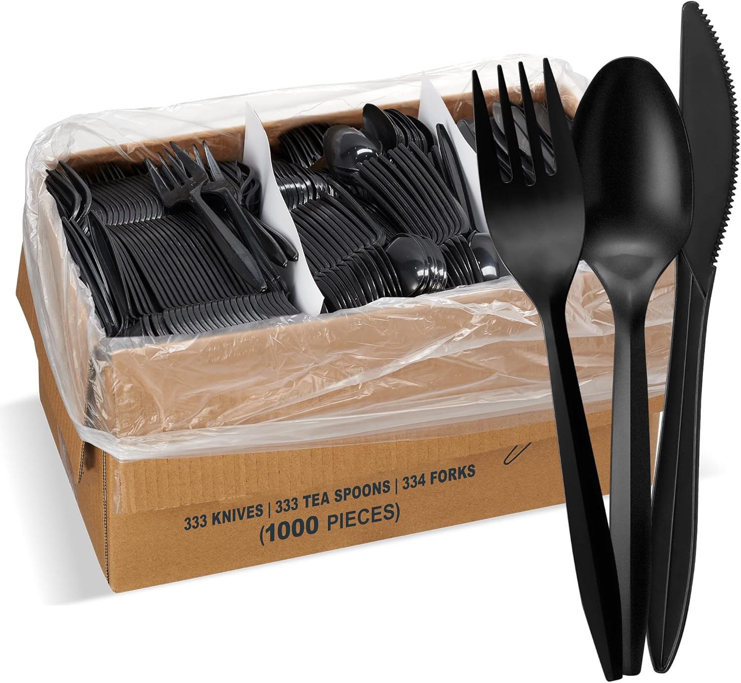 1,000 Plastic Disposable Cutlery Bulk Variety Pack Black Medium Weight Includes 334 forks, 333 knives, 333 soup spoons, Disposable Silverware Plastic Cutlery Combo Pack Black