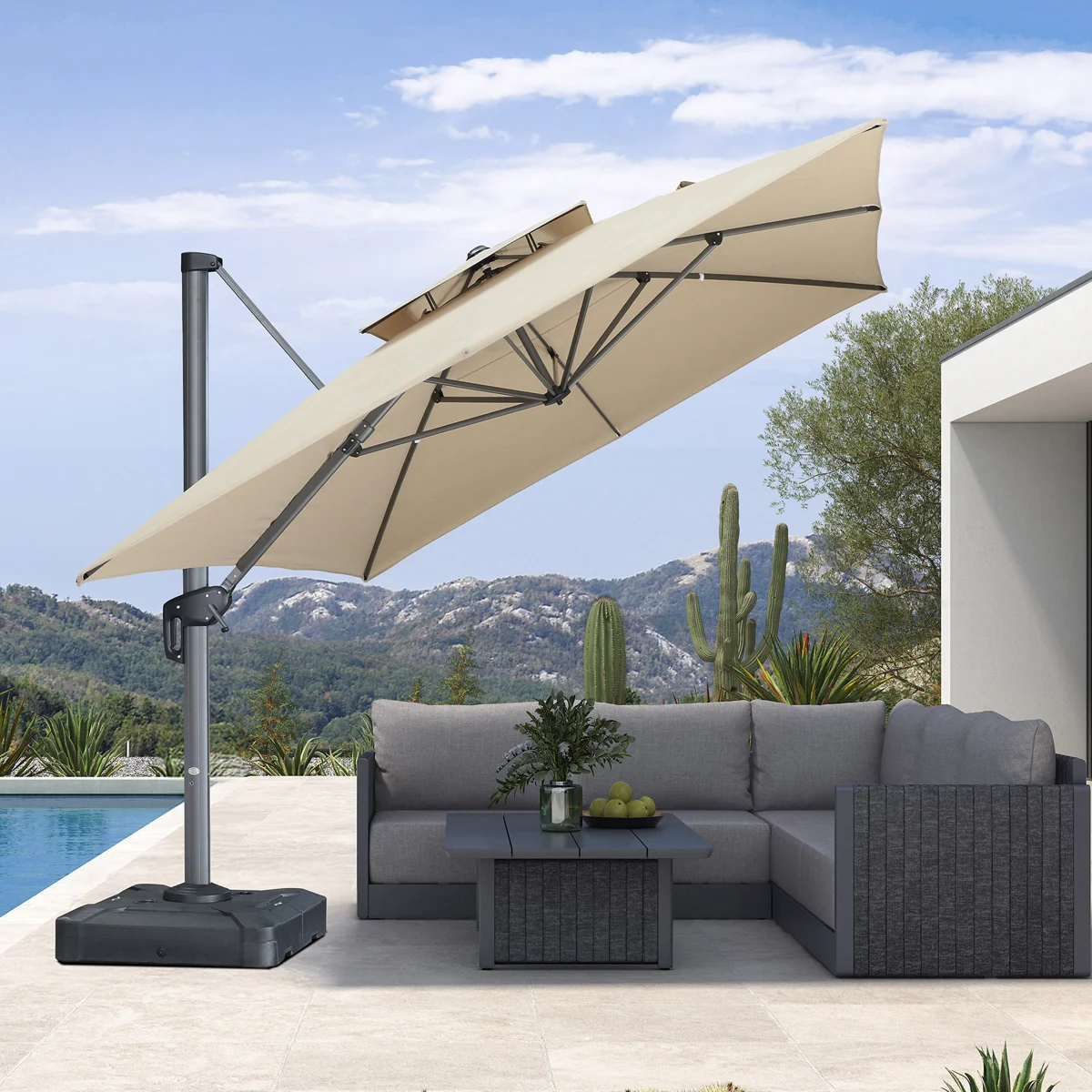 10' x 13' Heavy Duty Outdoor Large Double Top Offset Square Parasol, Canvas Material, Premium Fabric, With Base