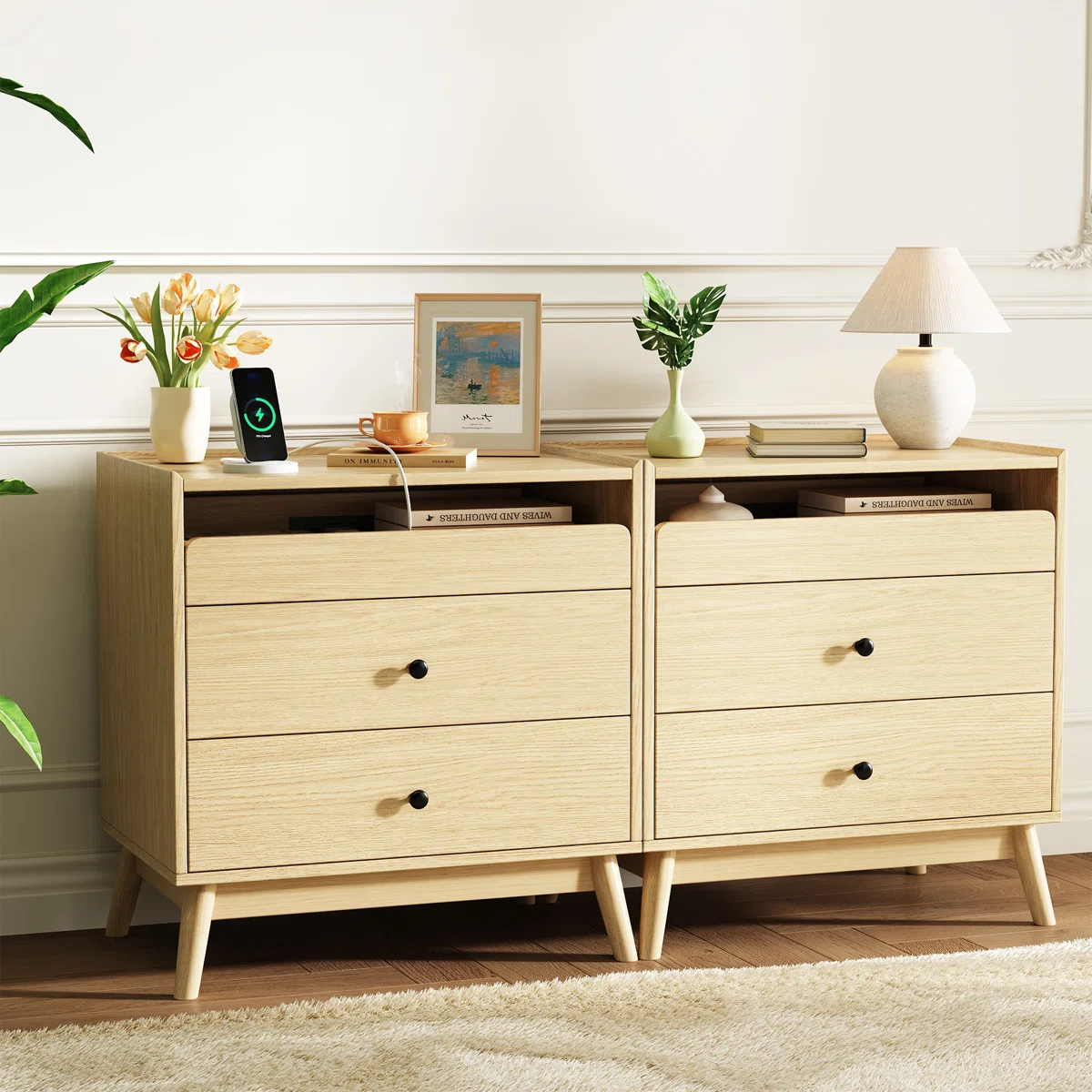 3 - Drawer Nightstand, 24“ W Wood Bedside Table With Built-In Outlets And Solid Wood Legs