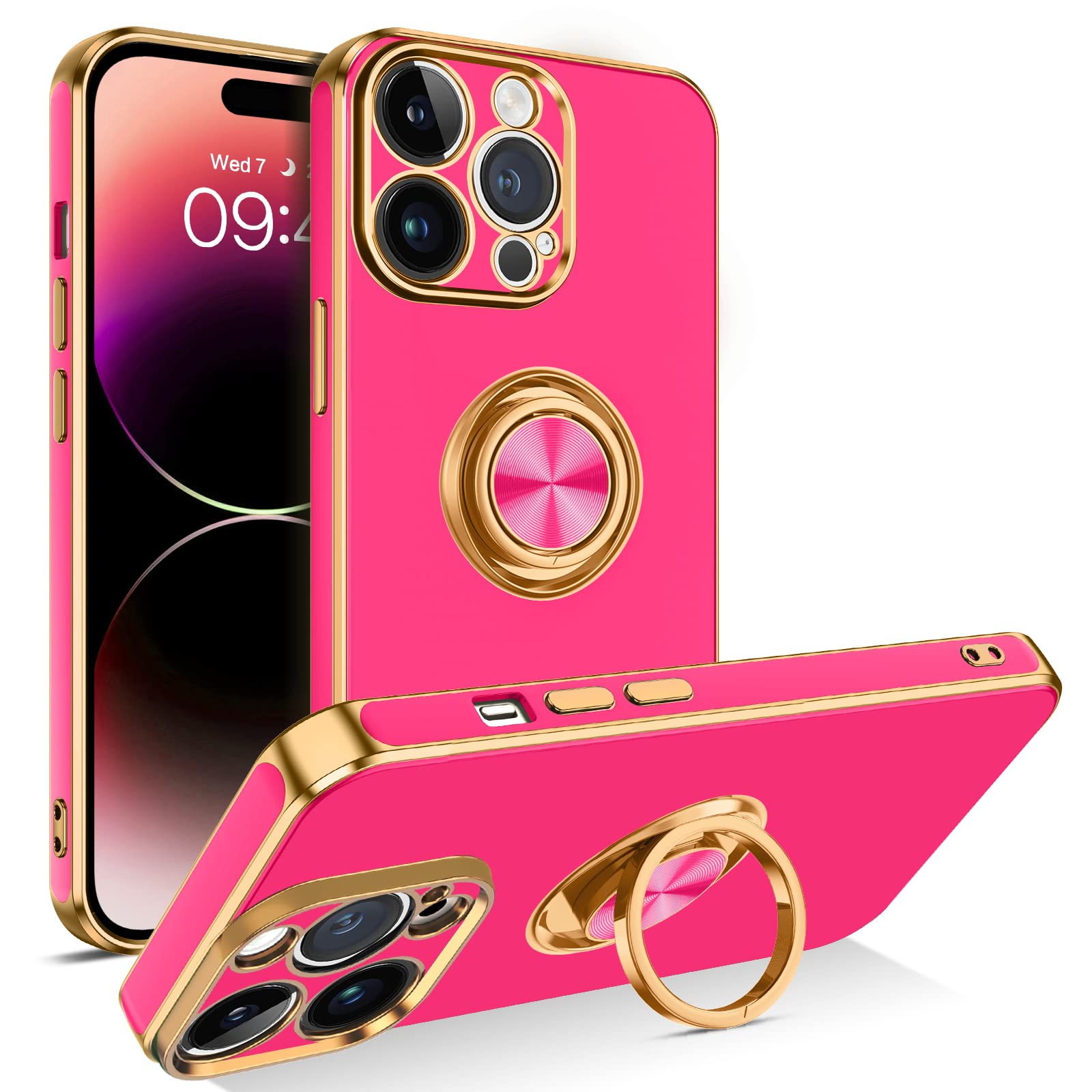 BENTOBEN iPhone 14 Pro Max Case, Slim Lightweight 360° Ring Holder Kickstand Support Car Mount Shockproof Women Men Non-Slip Protective Case for iPhone 14 Pro Max 6.7, Hot Pink/Gold