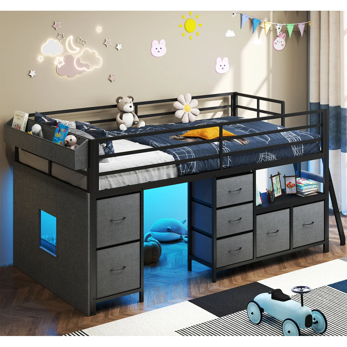Twin Low Loft Bed With 7 Storage Drawers And Led Lights, Inclined Ladder And Under-bed Play Space