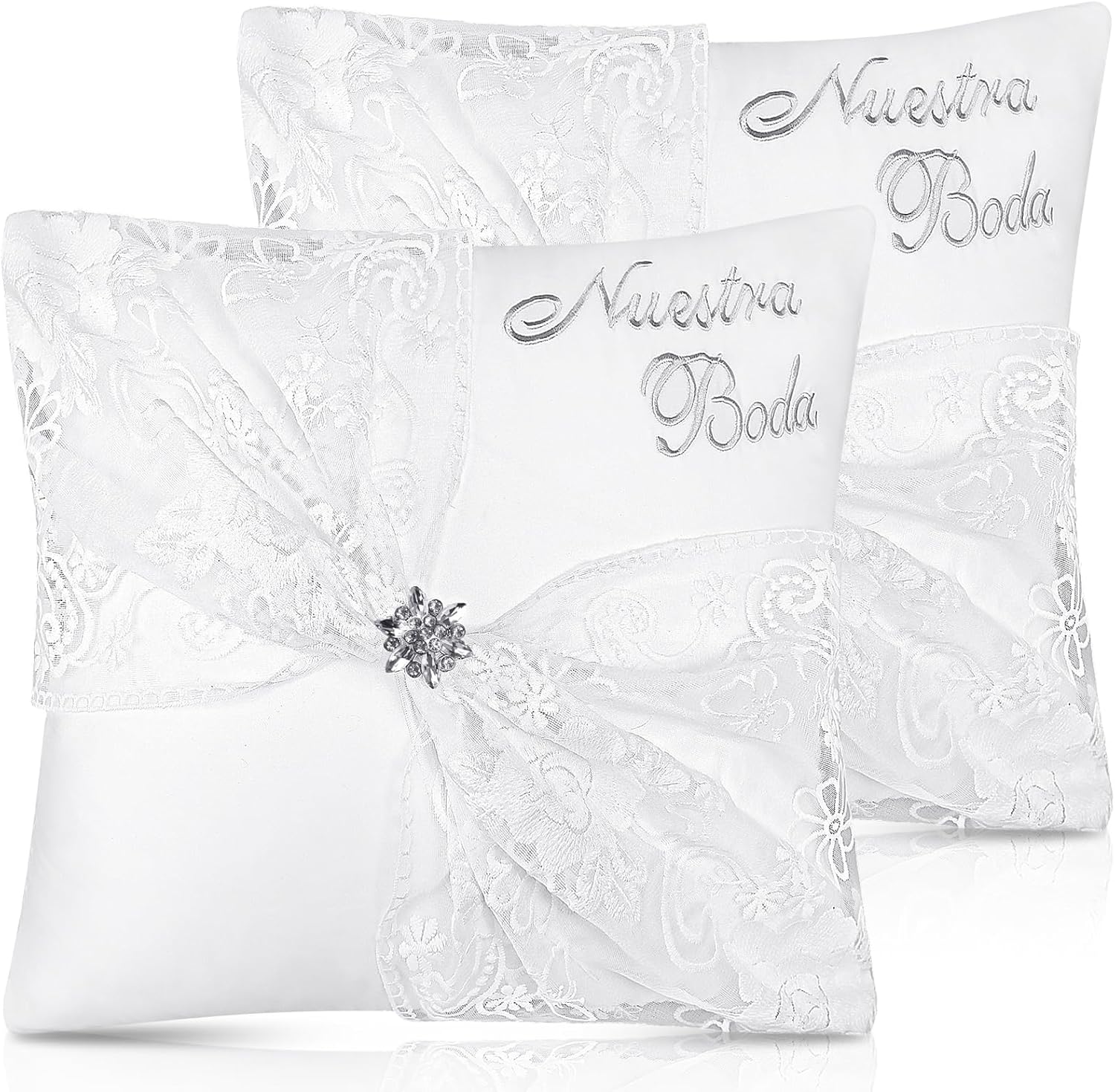 Set of 2 Wedding Kneeling Pillows Cover, 17 x 15 Inch Embroidered Nuestra Boda Prayer Kneeling Pillows, Cushion Covers Crystal Flower Satin Lace, Decoration for Bodas(Classic)