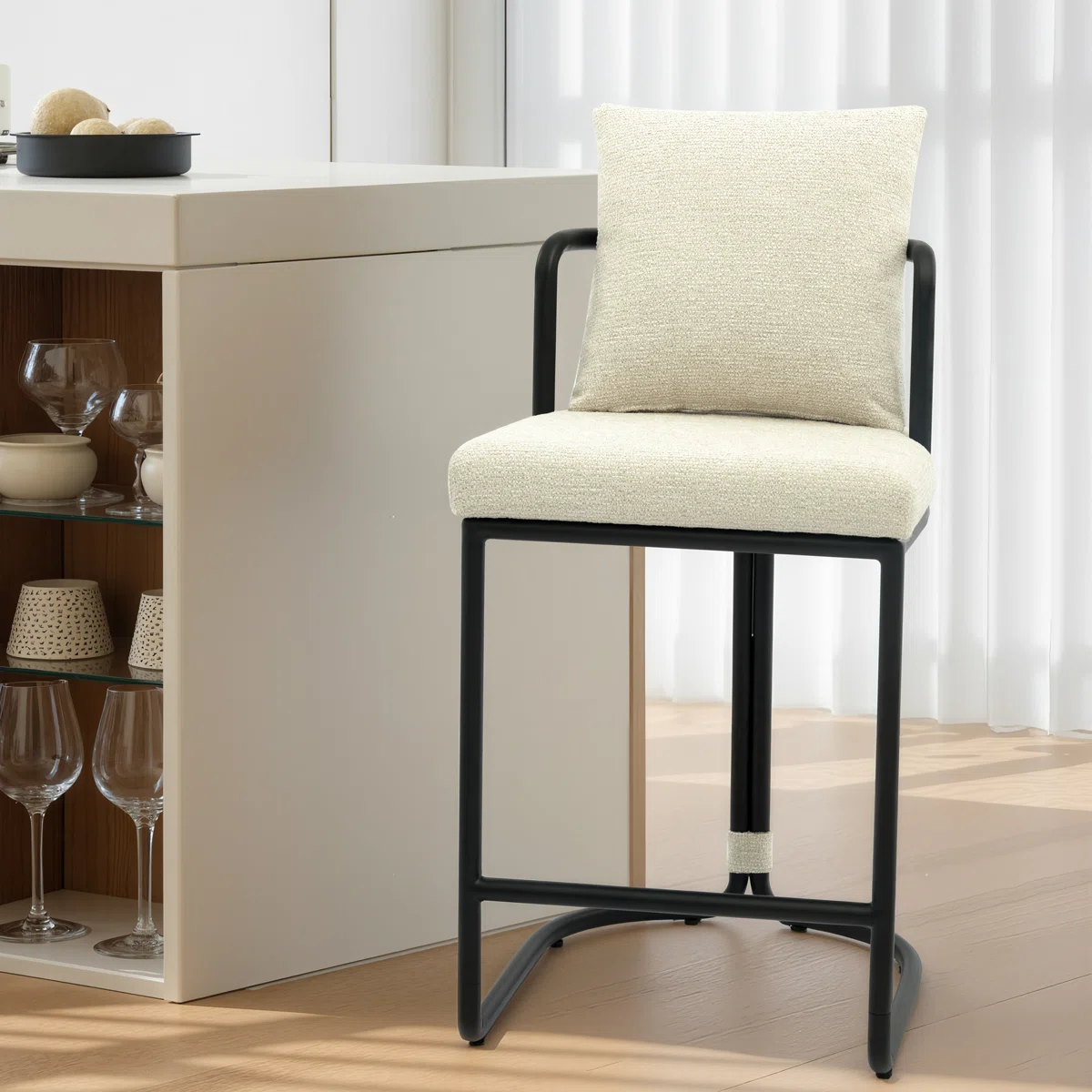 26'' Boucle Counter Stool With Backrest & Metal Frame, Modern Upholstered Bar Chairs For Kitchen Island