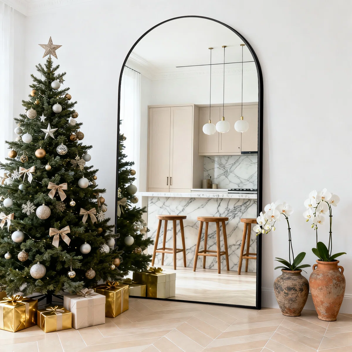 Malesha Large Modern Full Length Arched Aluminum Alloy Framed Floor Mirror