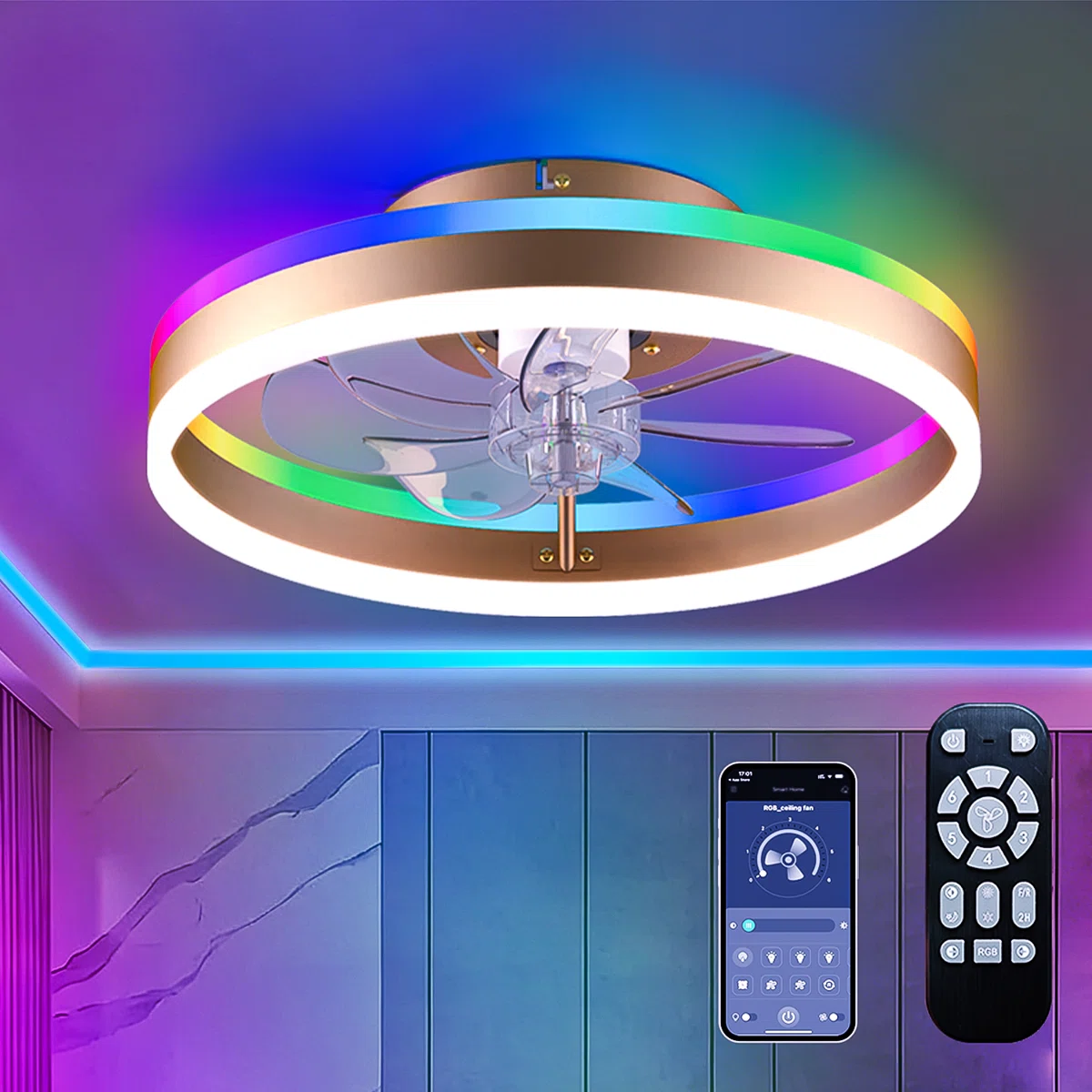 RGB Ceiling Fan with Lights, low profile ceiling fans with lights and remote, Flush Mount LED Fan Light, Modern Bladeless Fandelier for Bedroom Works with APP, 20IN White