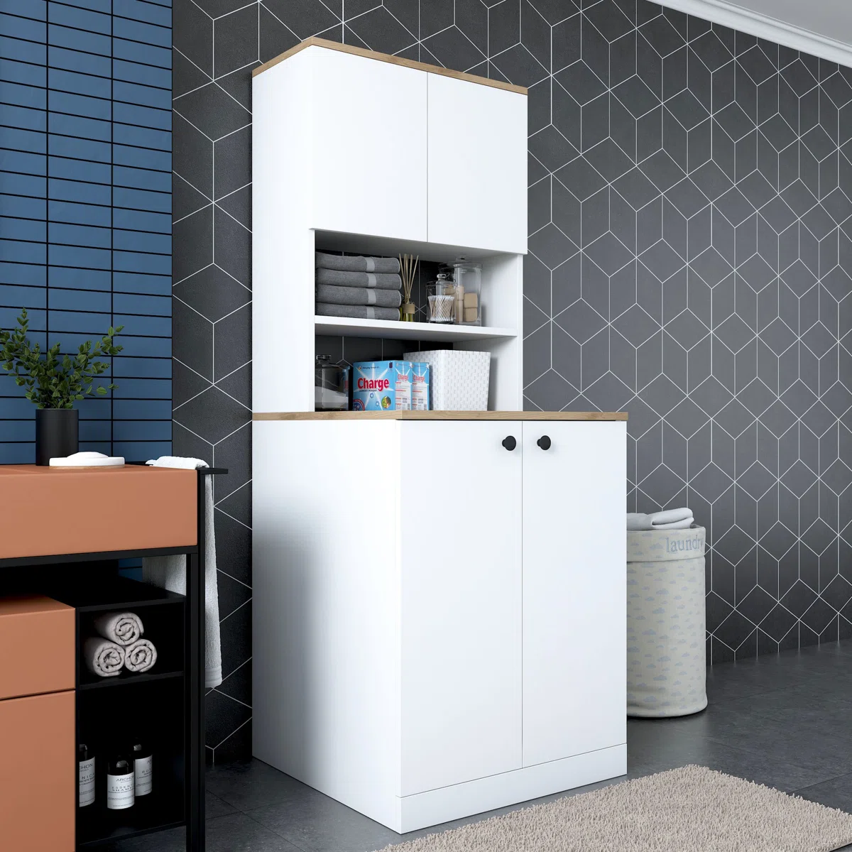 Modern Washing Machine Cabinet, White & Walnut, 27.6 x 72.4 x 28.6 inches | 100% Melamine Coated Particle Board, Thickness: 0.7 inches | Wall-Mountable, Multiple Shelves, Stylish Storage Solution for Laundry Room
