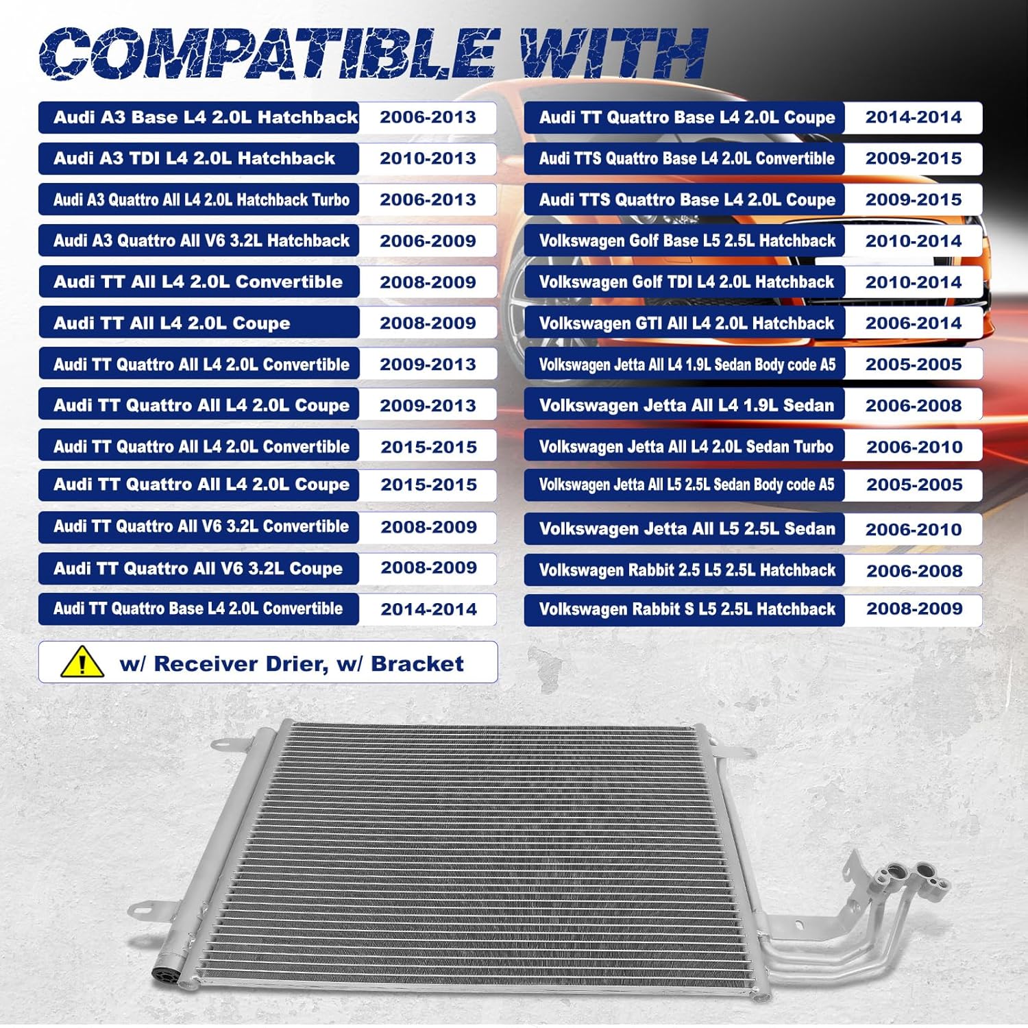Air Conditioning A/C Condenser Compatible with Audi A3, TT, TTS, RS Quattro; Volkswagen Jetta 2005-2010, Golf, City, GTI, Turbo, Rabbit # 3255, 1K0820411D, 1K0820411Q OE:3255, 3255C, VW3030127, 1K0820411D, 1K0820411Q